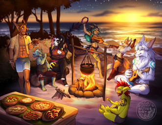 anthro big_breasts black_body black_fur black_nose breasts cleavage clothed clothing cooking drum eyes_closed female female_humanoid food forest fur green_body green_skin group hair male midriff musical_instrument navel open_clothing open_shirt open_topwear outside percussion_instrument pink_nose pizza plant red_hair shirt tambourine topwear tree white_body white_fur yellow_eyes thecatnamedfish blizzard_entertainment warcraft aquatic bear canid elf fish goblin high_elf humanoid mammal pandaren vulpera hi_res
