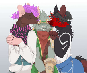 anthro beanie blush buckteeth chain clothing coat eyewear goggles grey_background group group_kissing hair hat headgear headwear heart_eyes heart_symbol kissing kissing_cheek male male/male orange_scarf ponytail purple_hair red_face scarf simple_background teeth topwear trio cloud-ya league_of_legends riot_games tencent tucci twitch_(lol) half-length_portrait hi_res portrait
