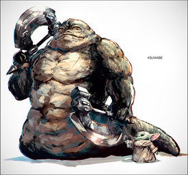 ambiguous_gender black_border border clothed clothing duo holding_object holding_weapon pecs simple_background size_difference smaller_ambiguous text weapon white_background ksuwabe star_wars alien alien_humanoid humanoid artist_name