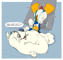 anthro bedroom_eyes blue_body blush bodily_fluids clothing coat deep_throat dialogue drooling duo eye_bags eyebrows eyewear fur furniture gagging genital_fluids genitals glasses heart_symbol interspecies lab_coat lying lying_on_table male male/male motion_lines narrowed_eyes neck_bulge on_back onomatopoeia oral oral_penetration overweight overweight_dom overweight_male penetration penile penile_penetration penis precum precum_squirt saliva saliva_on_beak saliva_on_penis seductive size_difference sound_effects speech_bubble table tapering_penis text thick_eyebrows topwear white_body white_fur duckbrained club_penguin gary_the_gadget_guy herbert_p._bear avian bear bird mammal penguin polar_bear ursine 2026 digital_media_(artwork) english_text hi_res