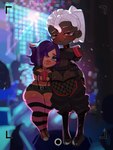 anthro bdsm_cuffs blue_eyes chibi clothed clothing collar drunk duo female fishnet_clothing fishnet_legwear hair legwear party purple_hair red_eyes size_difference skimpy skimpy_topwear slightly_chubby slightly_chubby_female stockings substance_intoxication white_hair freakster jira_batami rachel_fuller domestic_pig human mammal suid suine sus_(pig) hi_res
