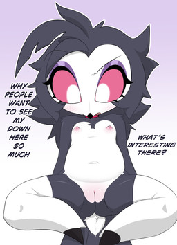 anthro clothing female genitals legwear loli multicolored_body nipples nude open_mouth question_mark red_sclera solo text thigh_highs two_tone_body vulva white_eyes young young_anthro young_female nomorer18 hellaverse helluva_boss octavia_(helluva_boss) avian bird owl owl_demon absurd_res english_text hi_res