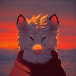 1:1 2022 anthro bust_portrait cheek_tuft closed_smile clothed clothing coshi_(dekuscrub) dated eyes_closed facial_tuft front_view fur hair hi_res hill male mammal mouth_closed mustelid musteline mylafox neck_tuft orange_sky outside pink_nose portrait red_clothing red_topwear short_hair signature sky smile solo stoat text topwear true_musteline tuft url weasel whiskers white_body white_fur white_hair