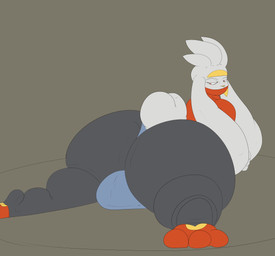 anthro balls big_balls big_butt black_body black_eyebrows blue_clothing blue_thong blue_underwear butt clothing eyebrows genitals grey_background hair huge_balls huge_butt hyper hyper_butt looking_back looking_back_at_self lying male multicolored_body on_front rear_view red_body red_eyes scut_tail short_tail simple_background solo tail thong tight_clothing underwear white_body white_ears white_hair white_tail yellow_nose pleasantlyplumpthiccness nintendo pokemon generation_8_pokemon lagomorph leporid mammal pokemon_(species) rabbit raboot 2025 colored digital_drawing_(artwork) digital_media_(artwork) flat_colors hi_res