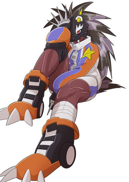 bottomwear clothing dark_body dark_skin female hair paws ponytail raccoon_tail_hair red_eyes shorts solo spiked_knuckles track_jacket zipper bsrvfgrke8egvsw bandai_namco digimon digimon_beatbreak bearcatmon binturong_humanoid digimon_(species) humanoid hi_res