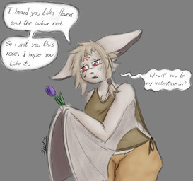 anthro blind bottomwear chest_tuft clothed clothing disability fangs female flower fur grey_body grey_fur inner_ear_fluff long_ears medium_hair pants plant red_eyes sharp_teeth slightly_chubby solo teeth text tuft tulip_(flower) winged_arms wings slogstin iksha_shukla bat mammal english_text hi_res