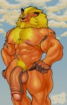 anthro balls big_balls big_penis drugs ear_piercing foreskin fur genitals hair humanoid_genitalia humanoid_penis looking_at_viewer male mane marijuana muscular muscular_anthro muscular_male nipples nude pecs penis piercing simple_background smoking solo vein veiny_penis guccigarf bandai_namco digimon digimon_(species) felid leomon mammal digital_media_(artwork) hi_res