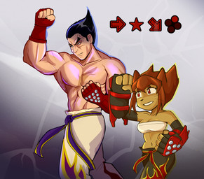 4_fingers 5_fingers anthro armwear biceps black_hair bottomwear breasts brown_hair clothing crop_top duo elbow_gloves electric_wind_god_fist failed_attempt female fighting_game fingerless_gloves fingers gloves hair handwear input_prompt larger_human larger_male male muscular muscular_human muscular_male pants punch purple_lighting red_eyes shirt shirtless size_difference small_breasts smaller_anthro smaller_female topwear training whiskers boanoitelulu gameoverse glitch_productions tekken kazuya_mishima kit_bodega domestic_cat felid feline felis human mammal absurd_res hi_res