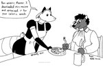 anthro apron chair clothing duo eyewear female food fur furniture glasses hair maid_uniform male text tongue tongue_out uniform tegerio robota_(tegerio) serge_skunk canid canine fox mammal mephitid skunk english_text monochrome