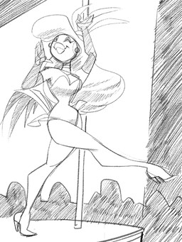 anthro arm_warmers armwear biped clothed clothing corset dancing eyes_closed female footwear high_heels lingerie open_mouth pole pole_dancing shoes smile solo standing topwear wide_hips doedog don_bluth rock-a-doodle goldie_pheasant avian bird galliform phasianid pheasant 3:4 hi_res monochrome sketch