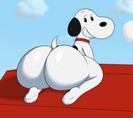 anthro big_butt black_body black_ears black_eyes black_fur black_nose black_tail butt cloud collar day fur huge_butt kneeling looking_back male presenting presenting_hindquarters red_collar sky smile solo tail teeth thick_thighs two_tone_tail white_body white_fur white_tail colossalstars peanuts_(comic) snoopy beagle canid canine canis domestic_dog hunting_dog mammal scent_hound 2024 absurd_res digital_media_(artwork) hi_res