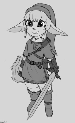 cosplay female grey_background humanoid_pointy_ears melee_weapon not_furry open_mouth open_smile pointy_ears shield simple_background smile snaggle_tooth solo standing sword weapon cranihum nintendo the_legend_of_zelda link goblin humanoid 2021 absurd_res greyscale hi_res monochrome