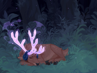 ambiguous_gender antlers black_hooves black_nose brown_body brown_fur electronics eyes_closed feral fur grass headphones hooves horn lying mouth_closed on_front outside pink_antlers plant side_view sleeping solo tree unsigned corzh77 deer mammal full-length_portrait portrait