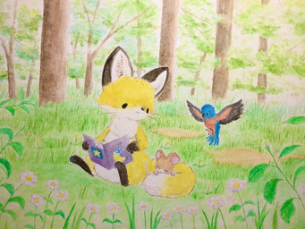 ambiguous_gender anthro beak black_body black_eyes black_nose blue_body book brown_body brown_fur chibi day detailed_background eyes_closed feathered_wings feathers feral flower forest fur grass group holding_object nature nature_background outside plant simple_eyes sitting tail tree trio whiskers white_body white_fur wings yellow_body yellow_fur fusau avian bird canid canine fox mammal mouse murid murine rodent 2021 4:3 detailed hi_res traditional_media_(artwork)