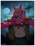 anthro border bottomwear clothing cloud denim denim_bottomwear denim_clothing detailed_background forest full_moon fur jacket jeans letterman_jacket male moon night outside pants pink_body pink_fur plant ruff sky smile solo star starry_sky teeth topwear tree white_border an_icyhot epic_games fortnite andy_fangerson alebrije canid canine canis mammal wolf 2024 3:4 artist_name hi_res signature