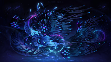 ambiguous_gender black_body black_feathers blue_body blue_eyes blue_feathers detailed_background feathered_wings feathers feral glistening glistening_eyes looking_at_viewer multi_eye open_mouth purple_eyes sharp_teeth solo teeth wings kolaa flight_rising mythology auraboa_dragon dragon mythological_creature mythological_scalie scalie 16:9 full-length_portrait hi_res portrait widescreen