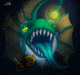 bioluminescence boat countershade_jaw duo fin fin_frill fishing_rod frill_(anatomy) glowing glowing_eyes green_mouth green_tongue gums head_fin high-angle_view lure_(anatomy) male membrane_(anatomy) membranous_frill open_mouth palate_ridges scales sharp_teeth snout soft_vore tackle_box tapering_tongue teeth tongue uvula vehicle vore watercraft rookiehiller mythology aquatic aquatic_dragon cheetah dragon felid feline mammal mythological_creature mythological_scalie scalie absurd_res hi_res
