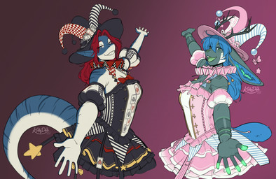 anthro antlers biped breasts clothed clothed_anthro clothed_female clothing countershade_torso countershading duo female fingers hair hat headgear headwear horn looking_at_viewer medium_breasts non-mammal_breasts simple_background smile standing stripes tail teeth kittydee may_(lamenrussy) aquatic fish jackalope lagomorph mammal shark 2026 digital_drawing_(artwork) digital_media_(artwork) hi_res