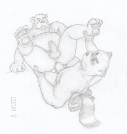 anal anal_penetration anthro balls bareback belly duo erection genitals humanoid_genitalia humanoid_hands humanoid_penis male male/male moobs nipples overweight overweight_male penetration penis sex simple_background white_background de2w bear canid canine mammal raccoon_dog tanuki 2011 traditional_media_(artwork)