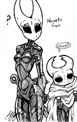 2_horns ambiguous_gender anthro biped clothing duo eyelashes female fingers hollow_eyes horn melee_weapon nude question_mark skinny small_chest standing weapon zmorphcom hollow_knight_(franchise) team_cherry hornet_(hollow_knight) the_knight_(hollow_knight) arthropod insect vessel_(species) absurd_res hi_res monochrome