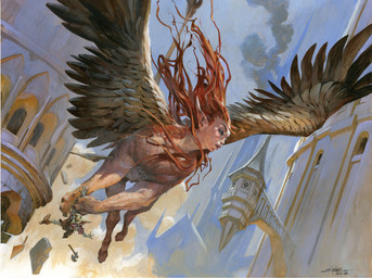 axe brown_body brown_feathers brown_fur clothing duo feathers female flying footwear fur green_body hair holding_character human_faced_feral humanoid_pointy_ears male outside pointy_ears ravnica red_hair shoes surprised jesper_ejsing hasbro magic:_the_gathering mythology wizards_of_the_coast felid goblin humanoid mammal mythological_creature mythological_sphinx 2018 hi_res official_art