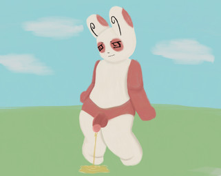 anthro bodily_fluids genital_fluids genitals humanoid_genitalia humanoid_penis male peeing peeing_outside penis solo standing urine urine_on_ground urine_stream skattapookie nintendo pokemon generation_3_pokemon lagomorph leporid mammal pokemon_(species) rabbit spinda hi_res