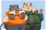 anthro belly beverage black_body black_fur blush bottomwear clothing cute_fangs duo eyes_closed fangs fur kemono male obese overweight overweight_male pants root_beer shirt soda teeth topwear kusosensei inigo_(kusosensei) rocky_(kusosensei) bear canid canine canis domestic_cat domestic_dog felid feline felis mammal 2020 hi_res