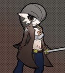 black_hair brown_background bullet_hole choker clothing coat cracks facial_scar female frown hair hair_over_eye jewelry katana long_hair melee_weapon midriff necklace not_furry one_eye_obstructed orange_eyes scar shirt simple_background solo sword tank_top topwear trenchcoat weapon malegardevoir nintendo pokemon shana_(atomic417) gardevoir generation_3_pokemon humanoid pokemon_(species) 2022