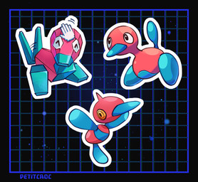 abstract_background ambiguous_gender angular blue_body feral group multicolored_body pink_body tail tail_motion tailwag text trio petitcroc nintendo pokemon digital_creature generation_1_pokemon generation_2_pokemon generation_4_pokemon pokemon_(species) porygon porygon-z porygon2 artist_name english_description
