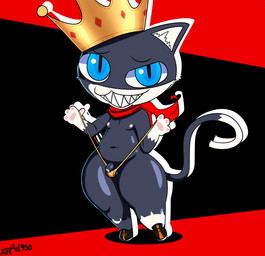 4_fingers anthro balls biped black_background black_balls black_body black_clothing black_eyebrows black_footwear black_fur black_penis black_shoes black_tail blue_eyes clothed clothed_anthro clothed_male clothing clothing_pull crown dipstick_tail eyebrows fingers flaccid footwear foreskin fur genitals glans glistening glistening_body glistening_eyes glistening_genitalia glistening_penis gloves_(marking) headgear humanoid_genitalia humanoid_penis inner_ear_fluff leg_markings looking_at_viewer male male_anthro markings multicolored_body multicolored_clothing multicolored_footwear multicolored_fur multicolored_shoes navel nipples orange_clothing orange_footwear orange_shoes partially_retracted_foreskin pawpads penis pink_glans pink_nipples pink_pawpads pointy_ears red_background red_scarf scarf sharp_teeth shoes simple_background smile smiling_at_viewer socks_(marking) solo tail tail_markings teeth text thick_thighs thin_eyebrows thong thong_pull tuft two_tone_body two_tone_clothing two_tone_footwear two_tone_fur two_tone_shoes underwear underwear_pull white_body white_fur white_inner_ear_fluff white_tail_tip yellow_clothing yellow_thong yellow_underwear foxart950 atlus megami_tensei persona_(series) persona_5 sega morgana_(persona) domestic_cat felid feline felis mammal tuxedo_cat 2025 absurd_res artist_name digital_media_(artwork) hi_res