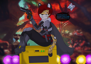 ambiguous_gender anthro armor boots cape clothing dark detailed_background dialogue duo footwear glowing guardian_(destiny) gun hair hand_cannon_(destiny) handcannon handgun hunter_(destiny) leggings legwear markings outside patterns ranged_weapon red_eyes red_hair revolver shoes sitting smile text weapon wolski bungie destiny_(series) felid ghost_(destiny) jaguar mammal pantherine digital_media_(artwork) english_text hi_res