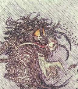 ambiguous_gender bite blood bodily_fluids captured duo fangs forced grabbed humanoid_face intersex intersex/male male multi_arm multi_limb neck_bite pedipalps scared shoulder_bite size_difference teeth yellow_eyes darklum999 mammal monster pen_(artwork) traditional_media_(artwork)