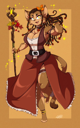 accessory anklet anthro bottomwear breasts cleavage clothed clothing dreadlocks female flower flower_in_hair furgonomics glowing hair hair_accessory jewelry looking_at_viewer magic magic_user open_mouth plant skirt smile smiling_at_viewer solo tail tail_through_skirt yellow_eyes chalo neva_(chalo) cougar felid feline mammal 5:8 hi_res