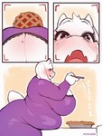 anthro big_breasts blush bra bra_peek breasts cleavage clothed clothing electronics female floppy_ears fur holding_object holding_phone horn huge_breasts hyper mature_anthro mature_female obese open_mouth overweight overweight_anthro overweight_female phone pie_(food) recording solo text underwear white_body white_fur petroverr undertale_(series) toriel boss_monster_(undertale) bovid caprine goat mammal 2024 hi_res signature