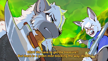 anthro dialogue duo hair looking_at_viewer male melee_weapon open_mouth sword text weapon fanteliscio hyena lagomorph mammal english_text hi_res
