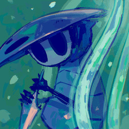 ambiguous_gender biped black_eyes empty_eyes fingers holding_melee_weapon holding_object holding_weapon looking_at_viewer mask melee_weapon solo standing weapon blipbugbug hollow_knight_(franchise) team_cherry quirrel_(hollow_knight) arthropod 1:1