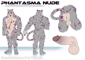 anthro anus areola balls barazoku biped black_sclera butt butt_shot claws erection feet feline_tail fingers fist flaccid foreskin front_view frown fur genital_shot genitals glans grey_body grey_fur humanoid_feet humanoid_genitalia humanoid_hands humanoid_penis low-angle_view male markings muscular muscular_anthro muscular_male nipples nude_anthro nude_male pawpads pecs penis penis_shot perineum plantigrade purple_body purple_eyes purple_fur rear_view scar simple_background solo standing striped_markings stripes text toe_claws toes white_background samaraka phantasma_(samaraka) felid mammal pantherine tiger absurd_res artist_name character_name full-length_portrait hi_res model_sheet portrait