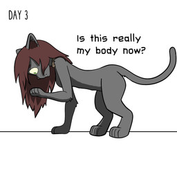 acceptance after_transformation all_fours breasts brown_hair busty_feral collar collar_only dialogue featureless_breasts female feral fur green_eyes grey_body grey_fur hair long_hair looking_at_self loss_of_dexterity nude simple_background solo text transformation whiskers white_background yellow_sclera frankenjade domestic_cat felid feline felis mammal 1:1 2019 absurd_res english_text hi_res