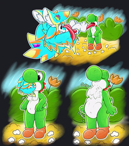 abdominal_bulge anthro blue_body blue_fur duo eyes_closed face_imprint feet_first fur glorp green_body gulp_(sound_effect) imprint long_tongue male navel neck_bulge open_mouth oral_vore outside scared smile soft_vore standing swallowing tail teeth tongue tongue_out unwilling_prey vore white_body finniponx mario_bros nintendo finniponx_(character) avali yoshi 2026 comic hi_res