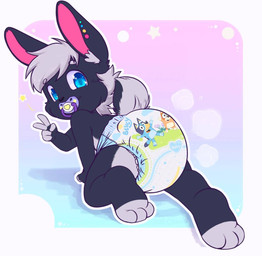 anthro black_body black_fur blue_eyes diaper ear_piercing fur grey_body grey_fur male object_in_mouth pacifier pacifier_in_mouth piercing solo wetness_indicator young young_anthro unknown_artist bluey_(series) bingo_heeler bluey_heeler sammy_(triixs) lagomorph leporid mammal rabbit hi_res