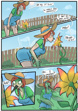 anthro beak braided_hair breasts clothing day dialogue feathers female fence flower green_body green_feathers growth hair hat headgear headwear human_to_anthro outside overalls plant red_hair shrinking size_transformation smile solo species_transformation surprised tail tail_growth text transformation wing_growth wings beingobscene apodiform avian bird human hummingbird mammal 2020 absurd_res comic english_text hi_res