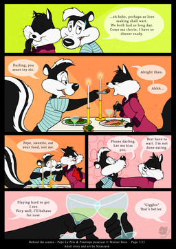 accent anthro bathrobe beverage black_body black_fur bodily_fluids bottomless canon_couple clothed clothing dialogue dialogue_with_sound_effects duo eyes_closed female food fur giggling half-closed_eyes heart_symbol iconography kissing male male/female multicolored_body multicolored_fur narrowed_eyes onomatopoeia open_mouth puckered_lips robe sound_effects speech_bubble sweat sweatdrop sweatdrop_(iconography) talking_to_another talking_to_partner teeth text tongue two_tone_body two_tone_fur white_body white_fur sinatzeek looney_tunes warner_brothers penelope_pussycat pepe_le_pew domestic_cat felid feline felis mammal mephitid skunk striped_skunk 2015 absurd_res comic english_text french_text hi_res translated