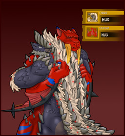 4_fingers anthro back_spikes biceps big_muscles big_teeth black_body blue_markings claws clothed clothing crotch_tuft cute_fangs duo fangs fingers fur gameplay_mechanics hair horn hug male male/male markings membrane_(anatomy) membranous_wings multicolored_body muscular muscular_anthro muscular_male pointy_ears pointy_nose prick_ears rear_view red_body red_fur red_glow sabertooth_(anatomy) scales simple_background smile spikes spikes_(anatomy) spines tail teeth topless topless_anthro topless_male tuft two_tone_body white_body white_fur white_hair wings yellow_eyes duqueofdingos capcom monster_hunter mythology cole_knight_drakar_(zinogre_form) duquedingo_(character) barioth dragon fanged_wyvern flying_wyvern mammal mythological_creature mythological_scalie scalie stygian_zinogre zinogre absurd_res hi_res