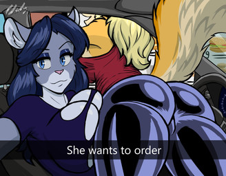 anthro blonde_hair blue_eyes breasts butt car clothing duo ears_up eyebrows eyelashes female fur hair looking_at_viewer open_mouth orange_body orange_fur red_clothing red_shirt red_tank_top red_topwear shirt tank_top text topwear vehicle chisheq june_(chisheq) nadia_(chisheq) meme
