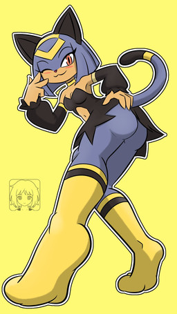 :3 anthro black_clothing black_dress blue_body blush breasts butt cleavage clothed clothing dress eyelashes female footwear hair hand_on_butt looking_at_viewer low-angle_view multicolored_body navel one_eye_closed pose presenting presenting_hindquarters red_eyes short_hair simple_background socks solo tail two_tone_body wink yellow_background yellow_clothing yellow_footwear yellow_socks dedazzdizzy palworld pocketpair felid feline mammal pal_(species) sekhmet_(pal) 9:16 hi_res