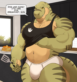 anthro biceps big_muscles black_clothing black_shirt black_tank_top black_topwear body_hair briefs bulge chest_hair clothed clothing clothing_lift countershade_face countershade_torso countershading deltoids food green_body happy_trail holding_object inside kitchen looking_at_viewer male midriff muscular muscular_anthro muscular_male navel pancake pecs shirt shirt_lift smile solo spatula standing stubble tank_top text tools topwear trapezius triceps underwear yellow_sclera darknaigart jace_(darknaig) dinosaur prehistoric_species reptile saurischian scalie theropod tyrannosaurid tyrannosauroid tyrannosaurus tyrannosaurus_rex 2025 english_text hi_res