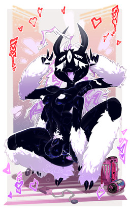 4_arms 6_eyes balls black_body black_skin crouching genitals gynomorph hair intersex kneeling long_hair looking_at_viewer multi_arm multi_eye multi_limb nude penis sharp_teeth smile smiling_at_viewer solo teeth text white_hair goatboydraws demon absurd_res english_text hi_res