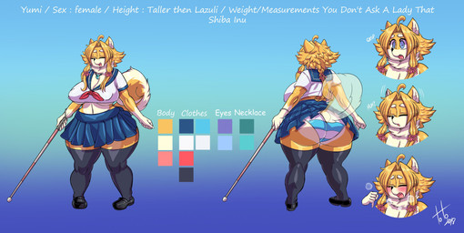 5_fingers accessory ahoge anthro big_breasts big_butt biped blind blonde_hair blue_background blue_eyes blush bottomwear breasts breath butt butt_heart cleavage clothed clothing color_swatch crop_top curvy_figure deep_navel disability eyelashes eyes_closed fangs female fingers footwear front_view fur gradient_background hair hair_accessory jewelry legwear long_hair mary_janes midriff multicolored_body multicolored_fur multicolored_tail navel neck_tuft necklace nipple_outline open_mouth panties pattern_clothing rear_view school_uniform shirt shoes shrine_maiden simple_background skirt slightly_chubby smile solo staff tail tail_under_skirt tail_upskirt teal_background teeth text thick_thighs topwear tuft underwear uniform upskirt voluptuous white_body white_fur white_tail white_text wide_hips yellow_body yellow_fur yellow_tail toto_draw yumi_(doggod.va) canid canine canis domestic_dog mammal shiba_inu spitz 2019 absurd_res cel_shading digital_media_(artwork) english_text hi_res model_sheet shaded