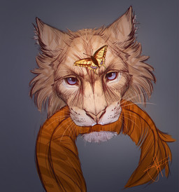blue_eyes duo fur tan_body tan_fur whiskers morsylvia arthropod felid insect lepidopteran mammal moth digital_media_(artwork) headshot_portrait hi_res portrait