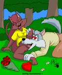 anthro black_nose bottomless breasts brown_body brown_fur cheek_tuft clothed clothing cunnilingus eyes_closed facial_tuft female flower forest fur genitals grey_body grey_fur hair heart_eyes heart_symbol lying male male/female on_back oral pink_nose plant pussy red_hair rose_(flower) sex shrub tongue_in_pussy toony tree tuft vaginal kthanid_(artist) rutwell_forest serenakty thomas_wolf_(kthanid) canid canine canis domestic_cat felid feline felis mammal wolf